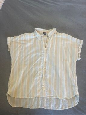 Patagonia Blue, Green, Cream, White Striped Short-Sleeve Button-Down Shirt